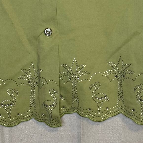 Quacker Factory Green Flamingo Palm Rhinestone Shirt Medium Short Sleeve - Picture 3 of 6